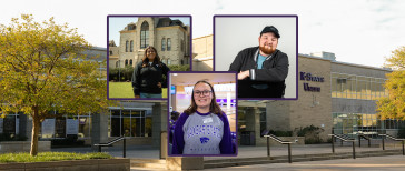 Three Student Union Employees Laly Hernadez, Jenna Sorensen and Riley Scott portraits overlaid on top of the K-State Student Union shot from Bosco Plaza