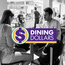 Dining Dollars logo on a black and white photo of a couple eating