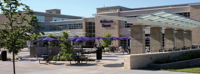 View of K-State Student Union from Bosco Plaza