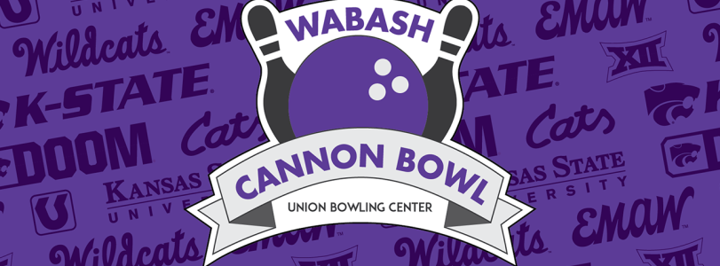 A purple background with white bowling pins and the words "Wabash Cannon Bowl."