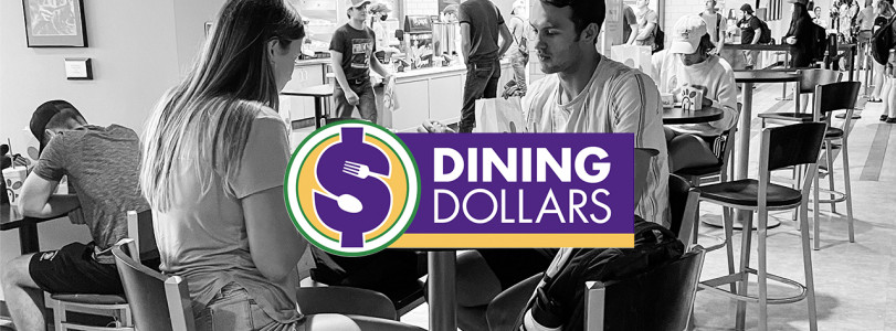 Dining Dollars logo on a black and white photo of a couple eating