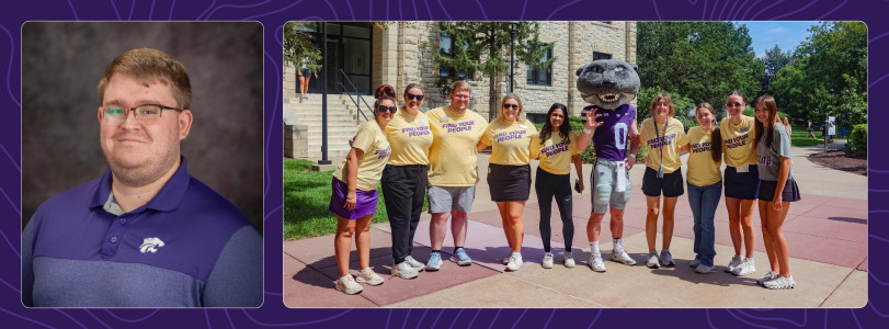 Jacob Porter photographed in a professional headshot and a group photo with Union staff and Willie the Wildcat.