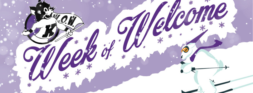 A cartoon version of Willie the Wildcat and a polar bear skiing down a hill on a purple background with the words "Week of Welcome" in the background.