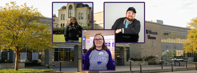 Three Student Union Employees Laly Hernadez, Jenna Sorensen and Riley Scott portraits overlaid on top of the K-State Student Union shot from Bosco Plaza
