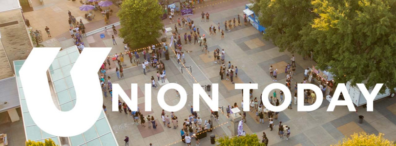 Areial shot of bosco student plaza with the words Union Today across it in white
