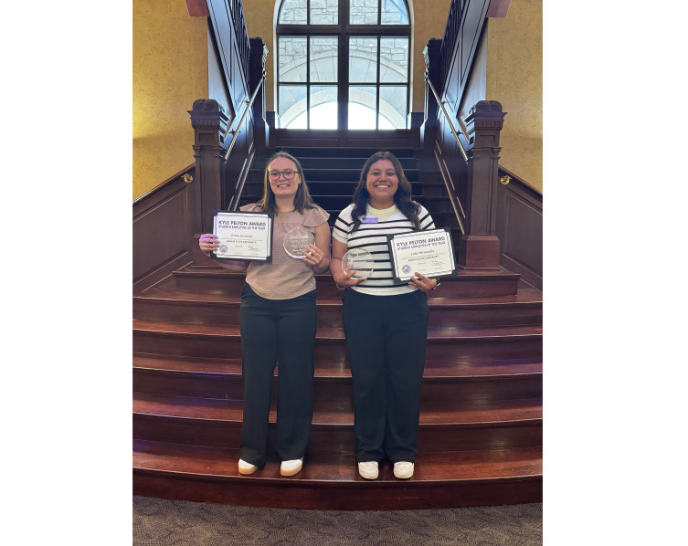 Jenna Sorensen and Laly Hernandez pictured with their awards at the Student Employee Ceremony
