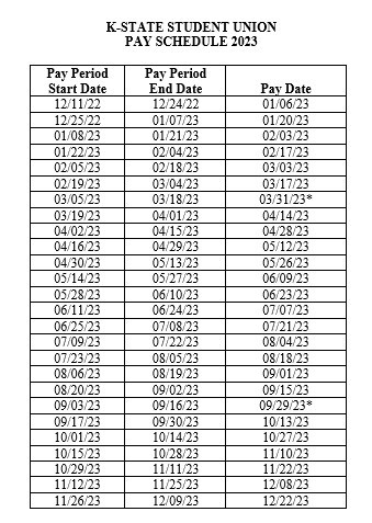 2023 Pay Schedule | K-State Student Union | Kansas State University