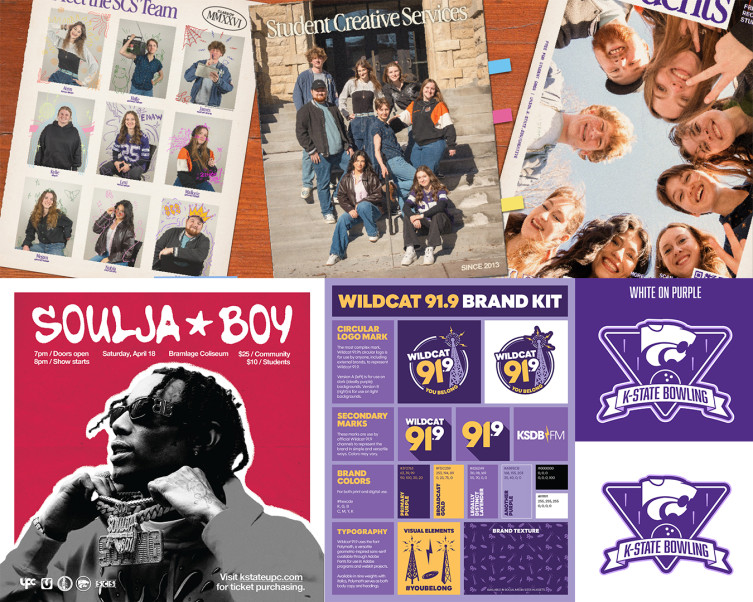 Collage of Riley Scotts Graphic Design Work Including SCS and Wildcat 91.9 Branding, CEF/Soulja Boy Promo and K-State Bowling Logos