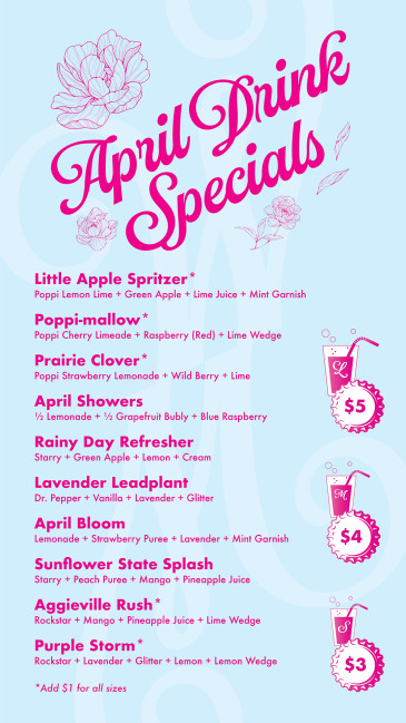 Pastel blue drink menu titled ‘April Drink Specials’ in bright pink script, featuring floral illustrations. Lists seasonal soda bar drinks such as Little Apple Spritzer, Poppi-mallow, Prairie Clover, April Showers, Rainy Day Refresher, Lavender Leadplant, April Bloom, Sunflower State Splash, Aggieville Rush, and Purple Storm, with ingredient combinations. Prices shown on the side range from $3 to $5