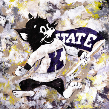 Willie the Wildcat holding a flag