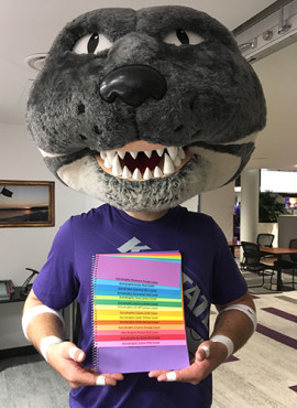 Willie the Wildcat holding paper samples